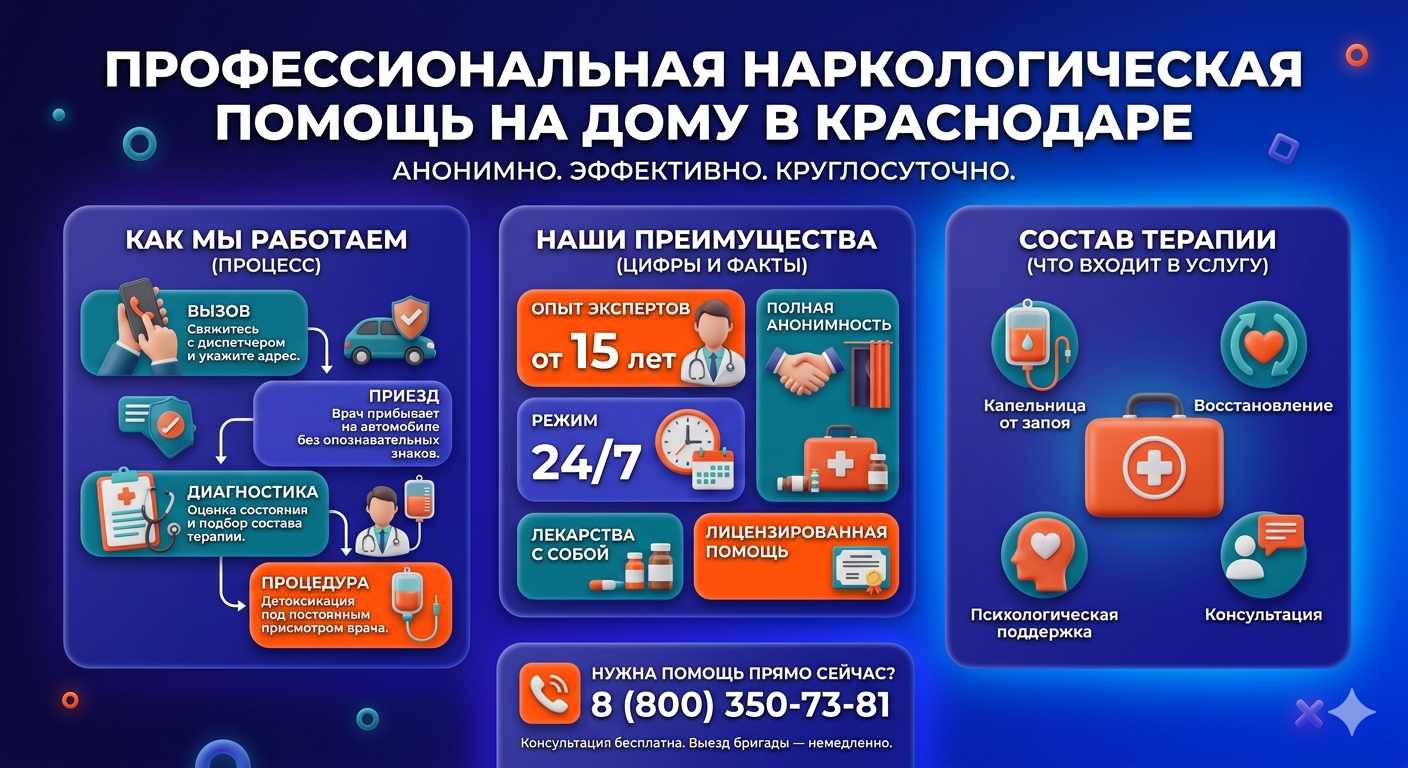 Инфографика о принципах лечения алкоголизма на дому в Некрасовке: этапы вызова нарколога, преимущества анонимной детоксикации и состав медицинской помощи.
